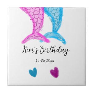 blue pink mermaid watercolor add name birthday ceramic tile