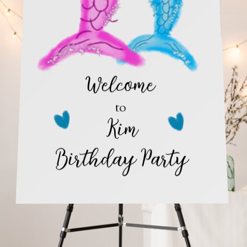 blue pink mermaid watercolor add name birthday foam board