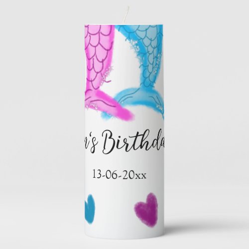 blue pink mermaid watercolor add name birthday  pillar candle