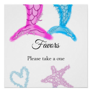 blue pink mermaid watercolor add name birthday  poster