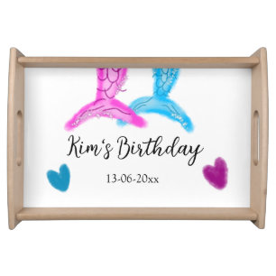 blue pink mermaid watercolor add name birthday serving tray