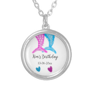 blue pink mermaid watercolor add name birthday silver plated necklace