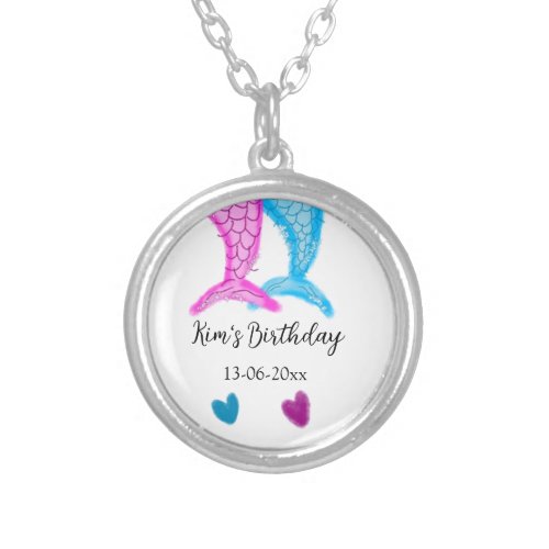 blue pink mermaid watercolor add name birthday  silver plated necklace