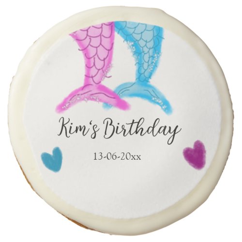 blue pink mermaid watercolor add name birthday  sugar cookie