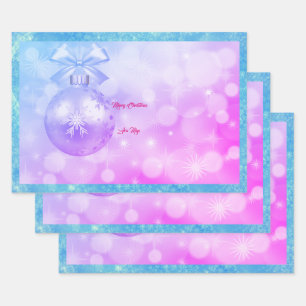 Blue Pink Merry Christmas Holiday Blessings Wrapping Paper Sheets