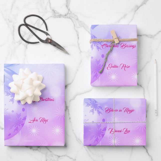 Blue Pink Merry Christmas Holiday Blessings Wrapping Paper Sheets (Front)