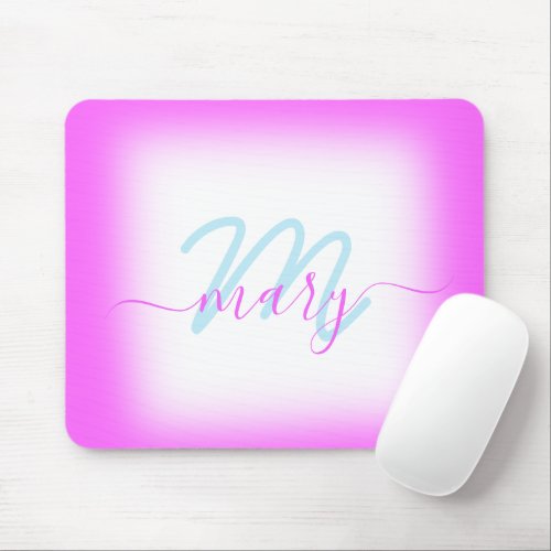 Blue Pink Minimal Name Monogram Bright Ocean Mouse Pad