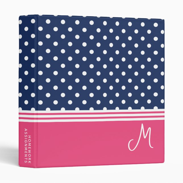 Blue Pink Monogram Polka Dot Spotty 3 Ring Binder (Front/Spine)