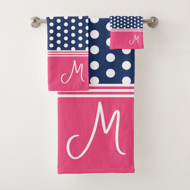 Blue Pink Monogram Polka Dot Spotty Bath Towel Set (Insitu)