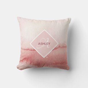Blue Pink Monogram Watercolor Texture Throw Pillow