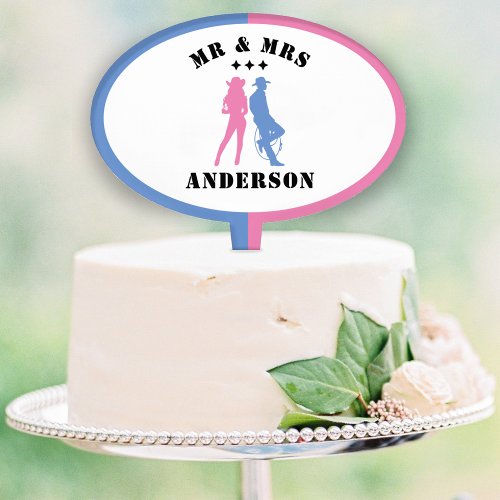 Blue  Pink Mr Mrs Husband Wife Cowboy Couples Cake Topper