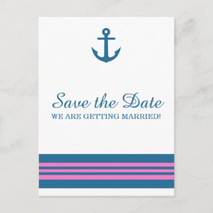 Blue Pink Nautical Anchor Save the Date Postcard