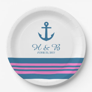 Blue Pink Nautical Anchor Wedding Paper Plates