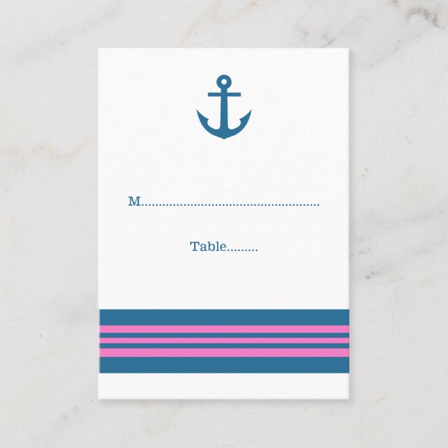 Blue Pink Nautical Anchor Wedding Place Cards (Front)