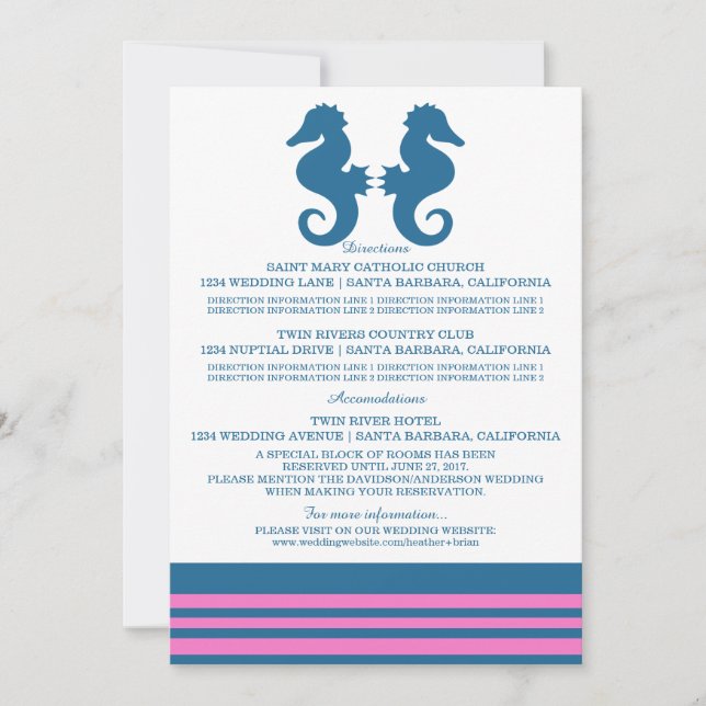 Blue Pink Nautical Seahorse Information Card (Front)