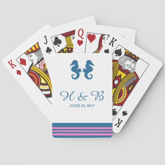 Blue Pink Nautical Seahorse Playing Cards (Back)