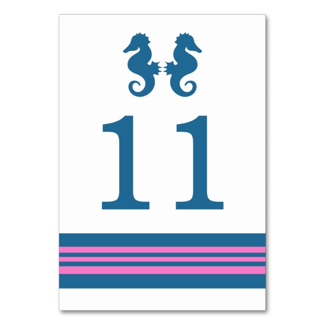 Blue Pink Nautical Seahorse Table Card (Front)