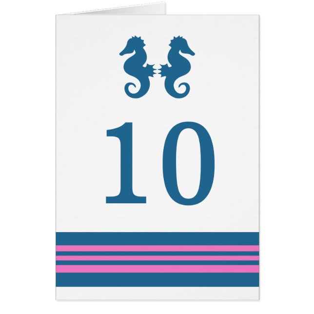 Blue Pink Nautical Seahorse Table Number Card (Front)