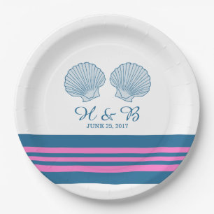 Blue Pink Nautical Seashells Paper Plates