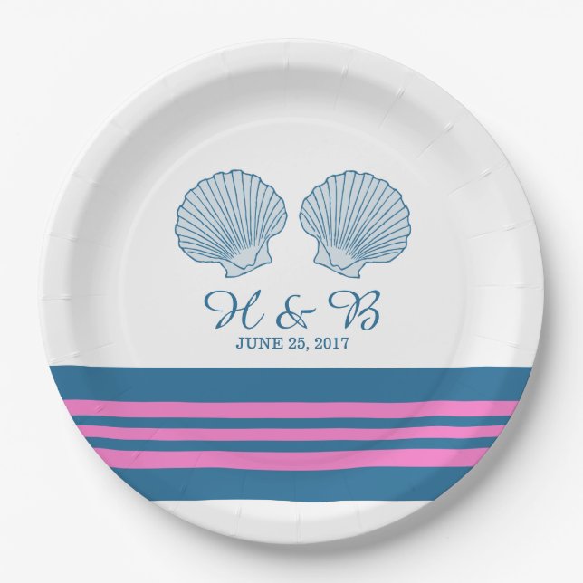 Blue Pink Nautical Seashells Paper Plates (Front)