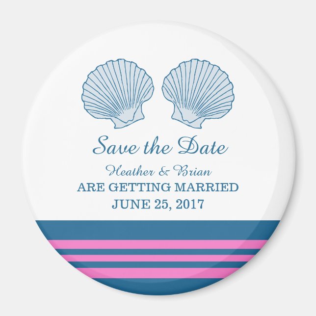 Blue Pink Nautical Seashells Save the Date Magnet (Front)