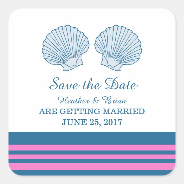 Blue Pink Nautical Seashells Save the Date Square Sticker (Front)
