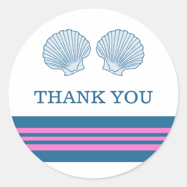 Blue Pink Nautical Seashells Thank You Stickers (Front)