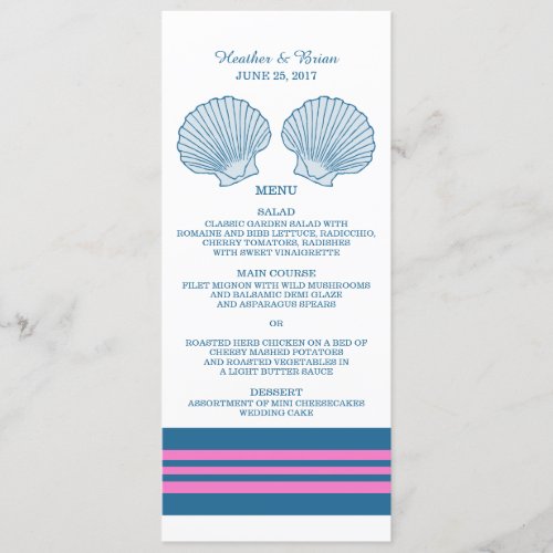 Blue Pink Nautical Seashells Wedding Menu
