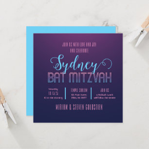 Blue & Pink Neon Bat Bar Mitzvah Party Invitation