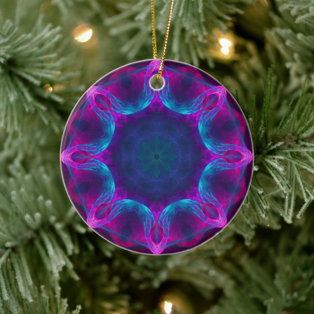 Blue & Pink Neon Dark Kaleidoscope Gradient Ceramic Ornament (Tree)