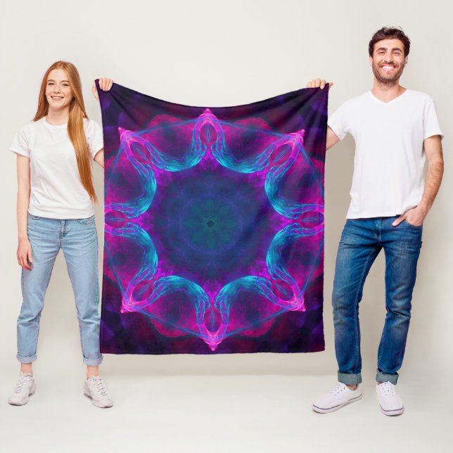 Blue & Pink Neon Dark Kaleidoscope Gradient Fleece Blanket (In Situ)