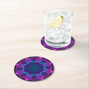 Blue & Pink Neon Dark Kaleidoscope Gradient Round Paper Coaster