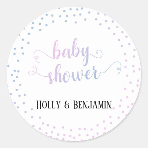 Blue Pink Ombr Confetti Typography Baby Shower Classic Round Sticker