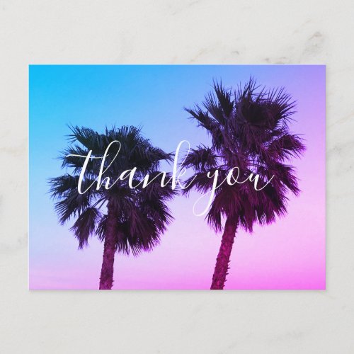 Blue Pink Ombre Sunset Palm Trees Thank You Postcard