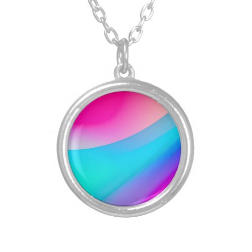 Blue pink ombre watercolor abstract pastel  silver plated necklace