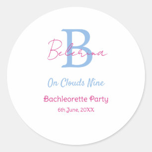 blue pink on clouds nine monogram bachelorette par classic round sticker