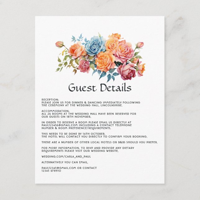 Blue, Pink, Orange, and Green Floral Guest Details Enclosure Card (Front)