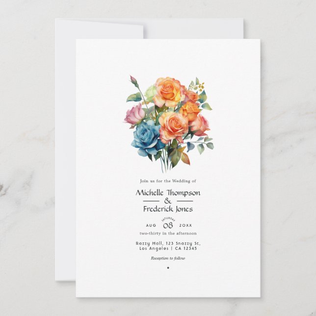 Blue, Pink, Orange, and Green Floral Wedding Invitation (Front)