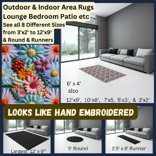 Blue Pink Orange, Embroidered Flower Effect, Area Rug