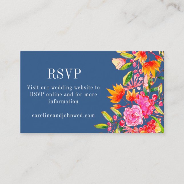 Blue Pink Orange Floral Wedding RSVP Online Enclosure Card (Front)