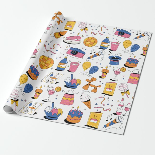 Blue Pink Orange Handdrawn Style Birthday Wrapping Paper (Unrolled)