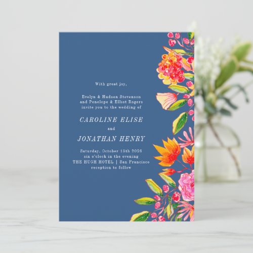 Blue Pink Orange Watercolor Floral Formal Wedding Invitation