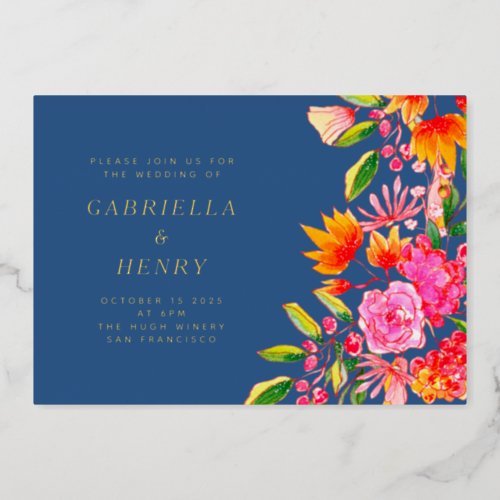 Blue Pink Orange Watercolor Floral Wedding Gold Foil Invitation