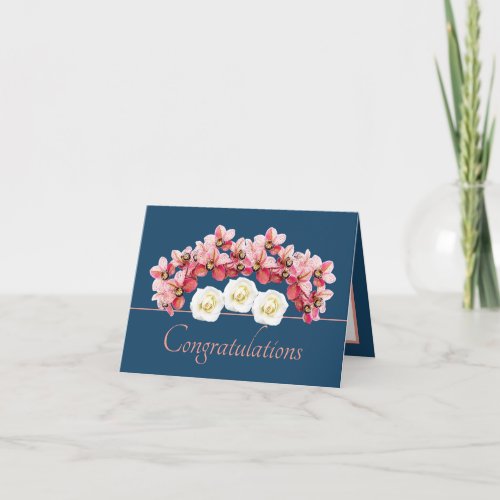 Blue Pink Orchid  Roses Bouquet Congratulations Card