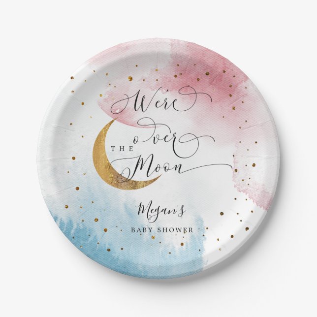 Blue Pink Over the Moon Gold Baby Shower Paper Plates (Front)