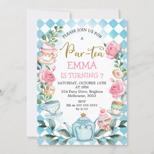 Blue Pink Par_tea Tea Party Birthday Invitation
