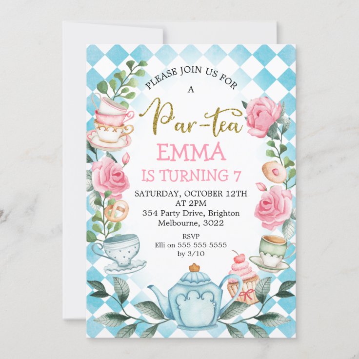 Blue Pink Par-tea Tea Party Birthday Invitation | Zazzle