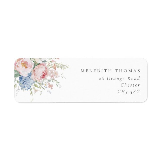 Blue & Pink Pastel Floral Wedding Return Address Label (Front)