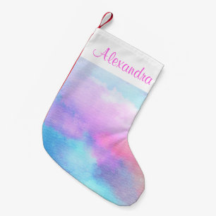 Blue Pink Pastel Watercolor - Add your own Name Small Christmas Stocking