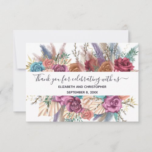Blue Pink Peach Floral Calligraphy Wedding  Thank You Card